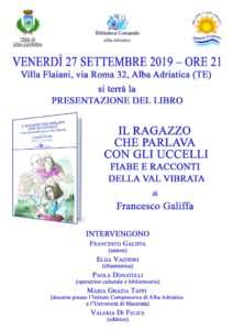 Alba Adriatica, presentazione libro “Il ragazzo che parlava con gli uccelli. Fiabe e racconti della Val Vibrata”