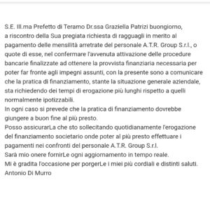 Atr Colonnella, tempi di erogazione stipendi non pagati più lunghi del previsto. Sindacati "inaccettabile"