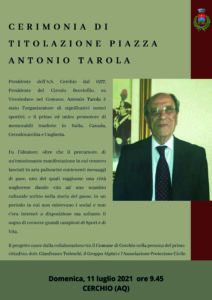 Cerchio, cerimonia di titolazione piazza all’uomo che credeva nei giovani