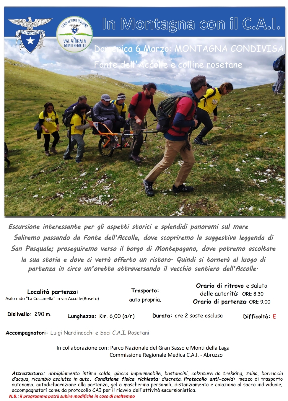 Roseto, al via la prima escursione di Montagna Terapia del Cai Abruzzo