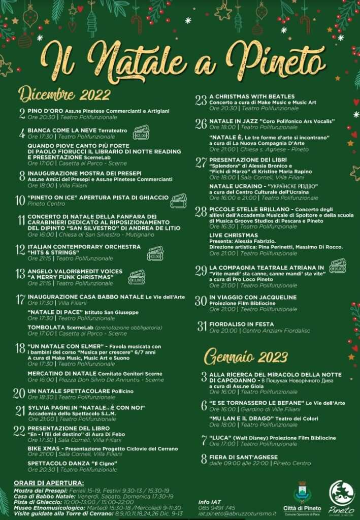 Pineto:presepi, casa di babbo Natale, pista su ghiaccio, concerti