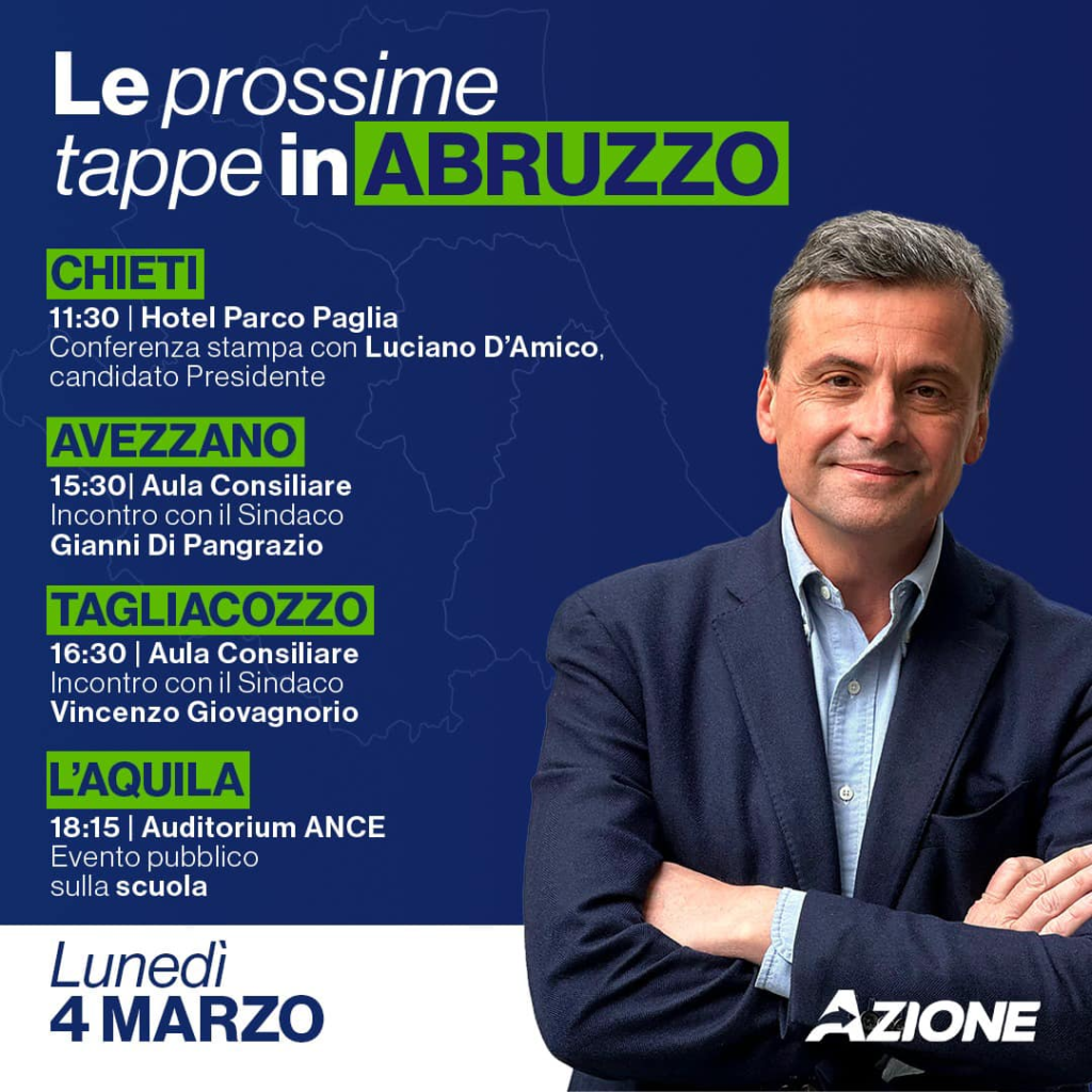 in mattinata Calenda sarà a Chieti, dove terrà una conferenza stampa con il candidato presidente Luciano D’Amico. Appuntamento alle ore 11:30