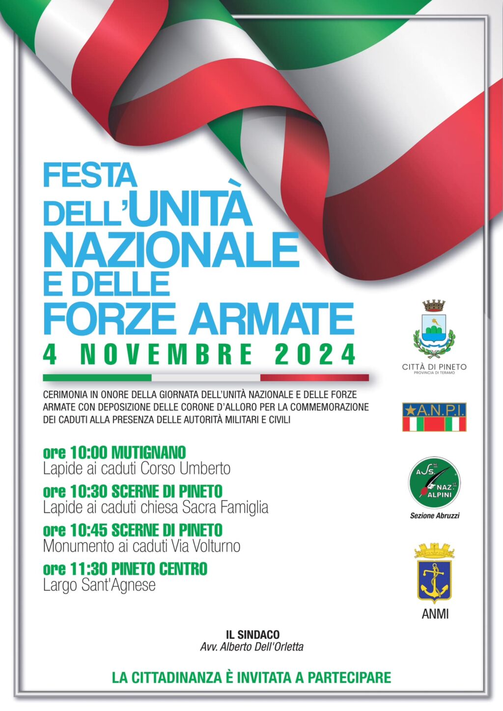 A Pineto celebrazioni per la Giornata dell'Unità Nazionale e delle Forze Armate
