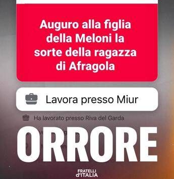 FdI denuncia: “Augurano a figlia Meloni sorte ragazza Afragola, orrore”
