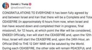 Iran, Israele e la ‘pace su Truth’: cessate il fuoco è un annuncio di Trump