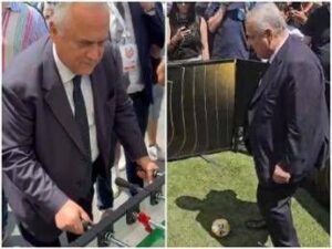 Lotito show a Parma: gioca a biliardino e… sbaglia un rigore – Video