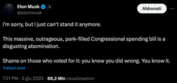 Musk: la politica interna di Trump ci porterà alla bancarotta