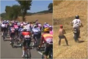 Pazzo Tour de France, tra le bici spunta un tifoso con… gli sci